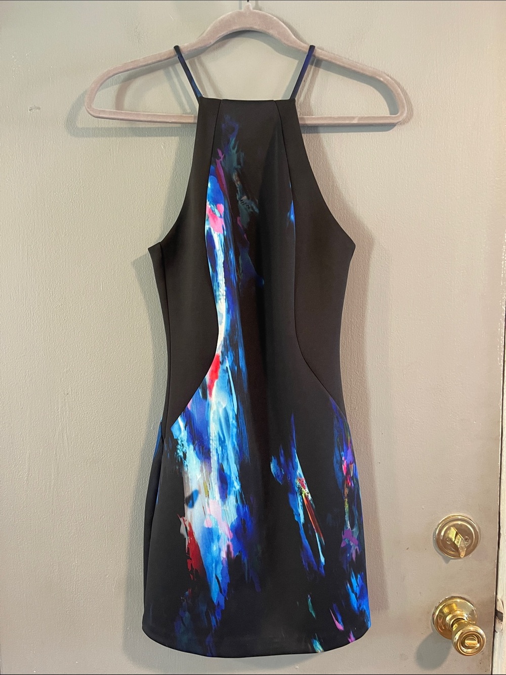 BEBE Black Watercolor Abstract Print Stretch Scuba High-Neck Mini Dress XXS 2XS